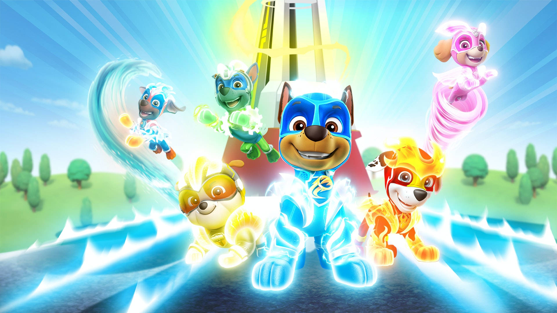 Paw Patrol 小狗穿着超級英雄服裝，帶着能量效果在綠色田野上空飛翔。