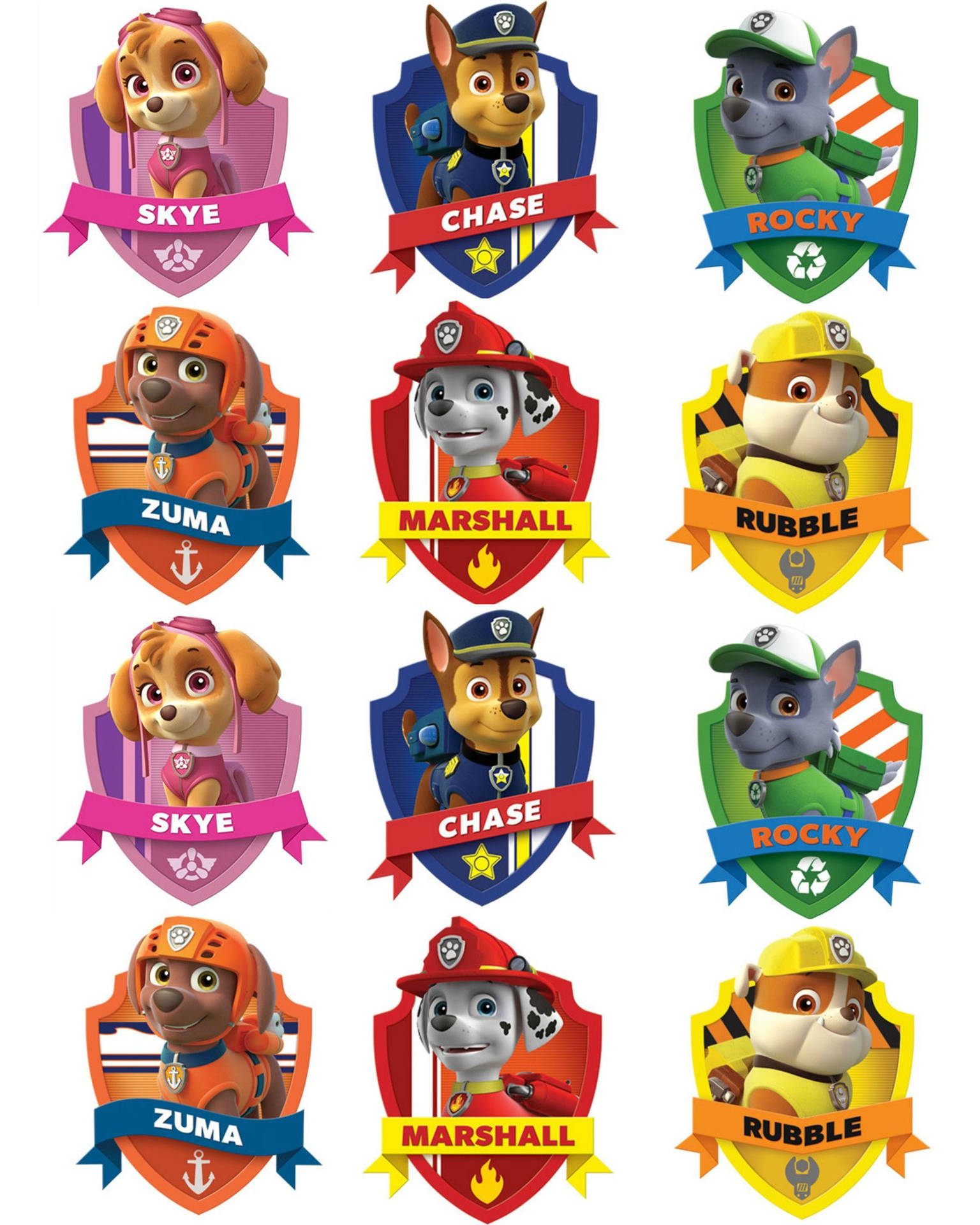 Paw Patrol小狗在他們的救援團隊徽章中，帶有名字和圖標。