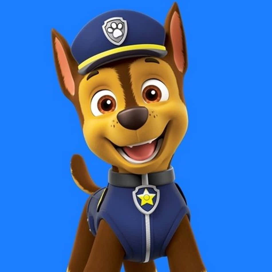 一隻微笑的卡通警犬，穿著藍色制服，帶有星星徽章。