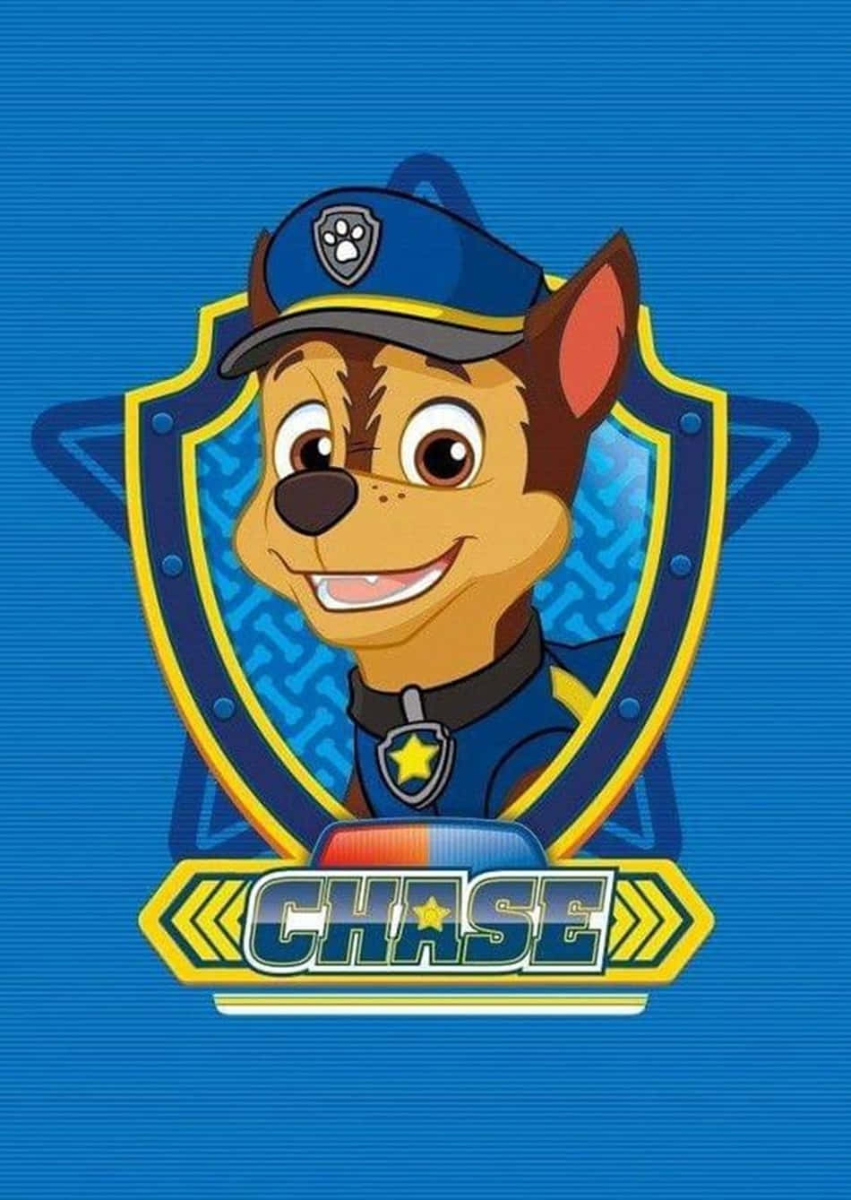 卡通警犬 Chase 穿著制服微笑，帶有盾牌標誌。