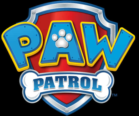 汪汪隊隊徽 壁紙 — 大膽色彩繽紛的Paw Patrol標誌，藍色字母、黃色輪廓、紅色盾牌和白色骨頭，背景為黑色。