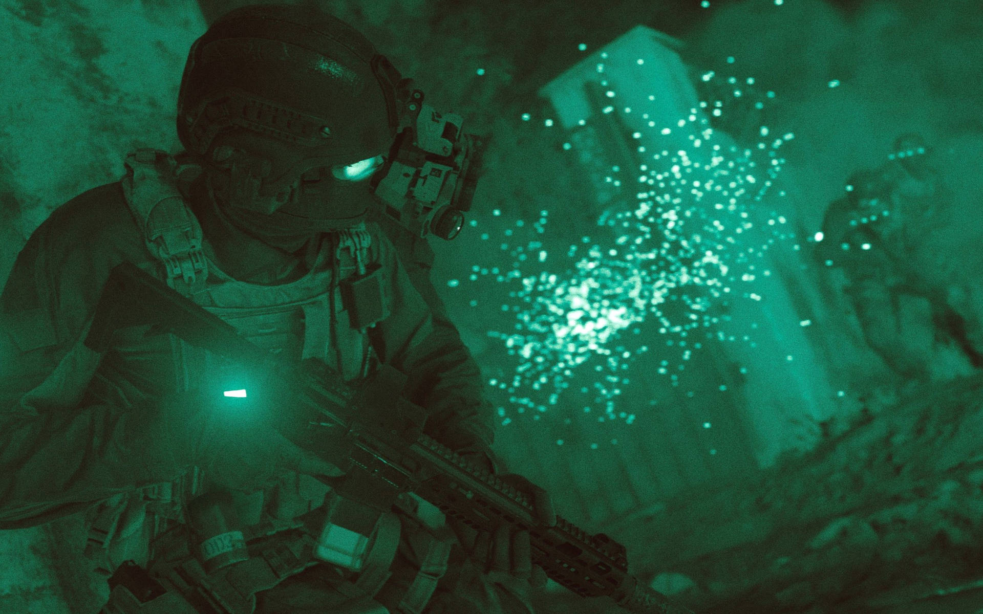 身穿夜視裝備的士兵在發光粒子效果中手持武器。