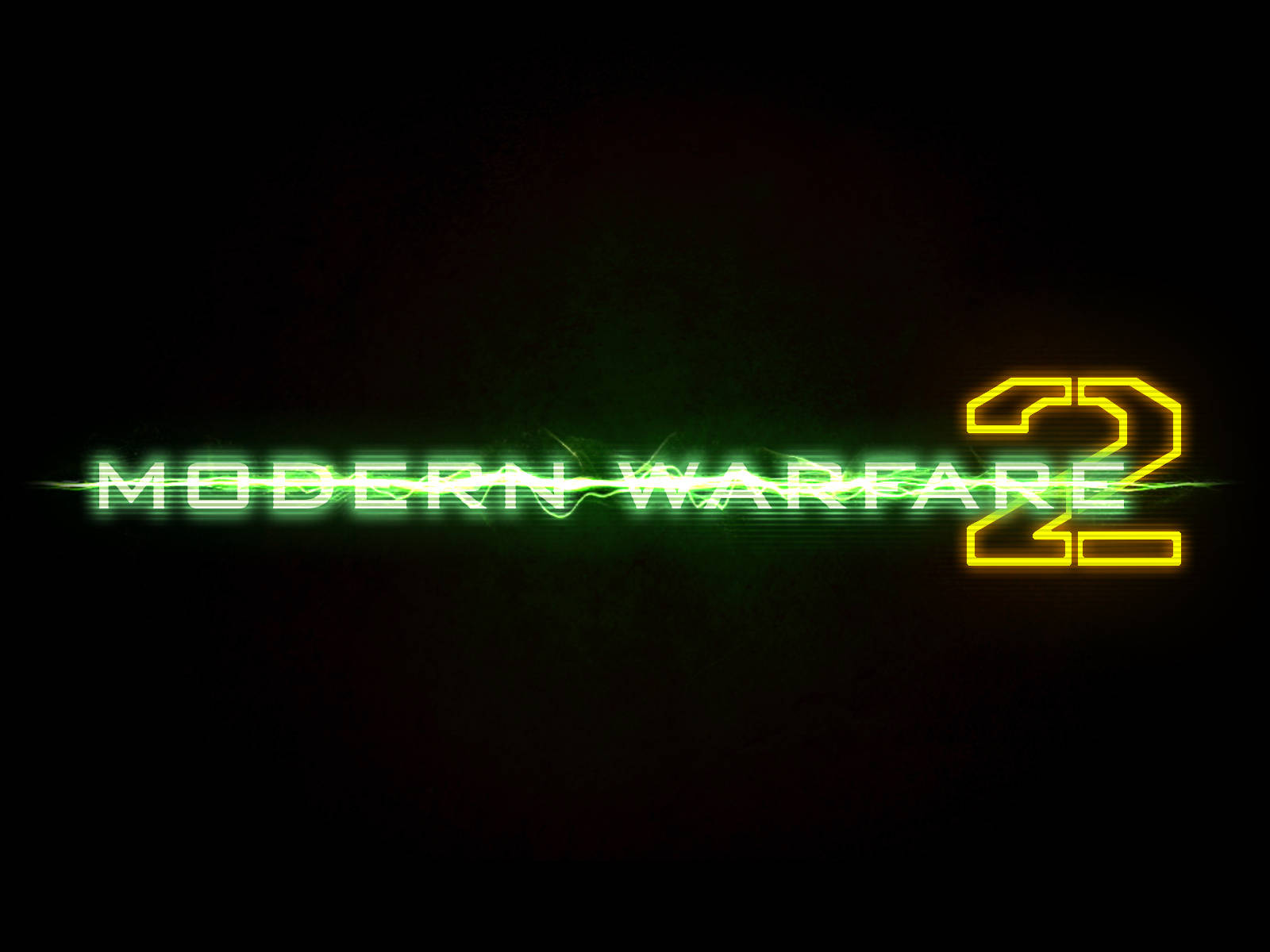 在黑色背景上發光的霓虹綠色和黃色 Modern Warfare 2 標題文字。