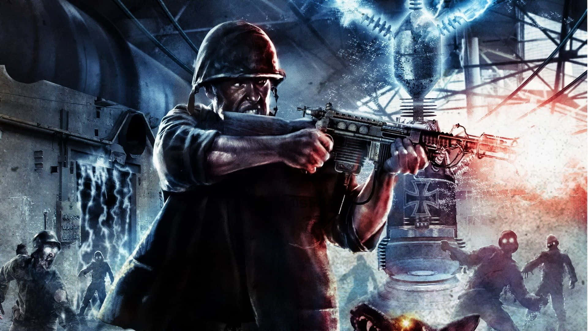 士兵在廢工廠向發光外星人開火機槍。