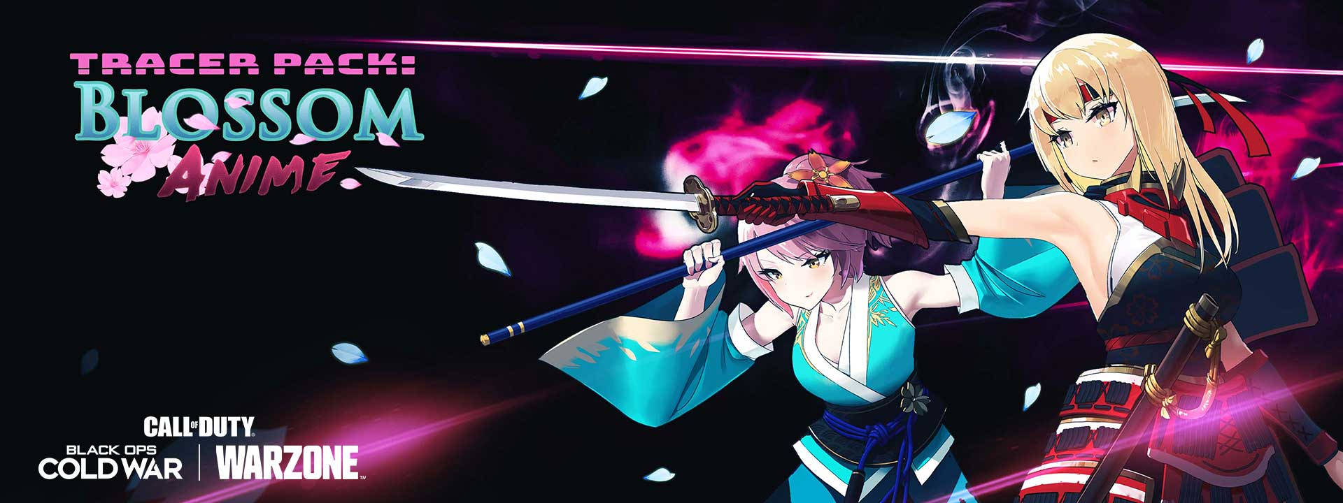 決勝時刻：黑色行動冷戰 Tracer Pack 花漾動漫 壁紙 — 兩位動漫風格的女戰士在黑暗背景中，於發光的粉紅色能量和飄落的櫻花中揮劍交鋒。