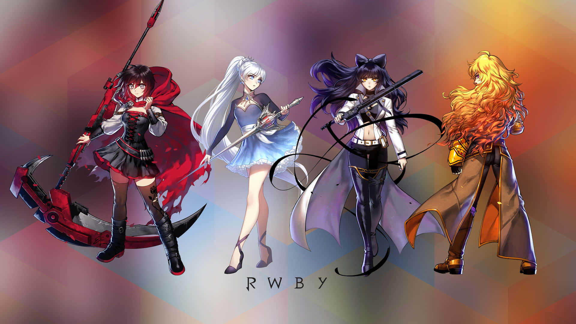 來自RWBY的四個動漫角色以風格化姿勢手持武器。