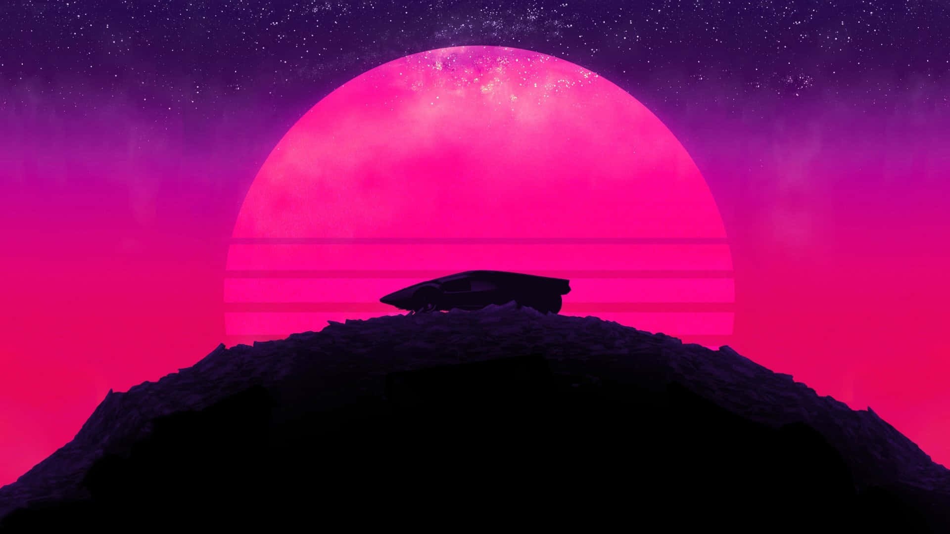 太空船剪影映襯著粉紅色日落天空和星星的山景。