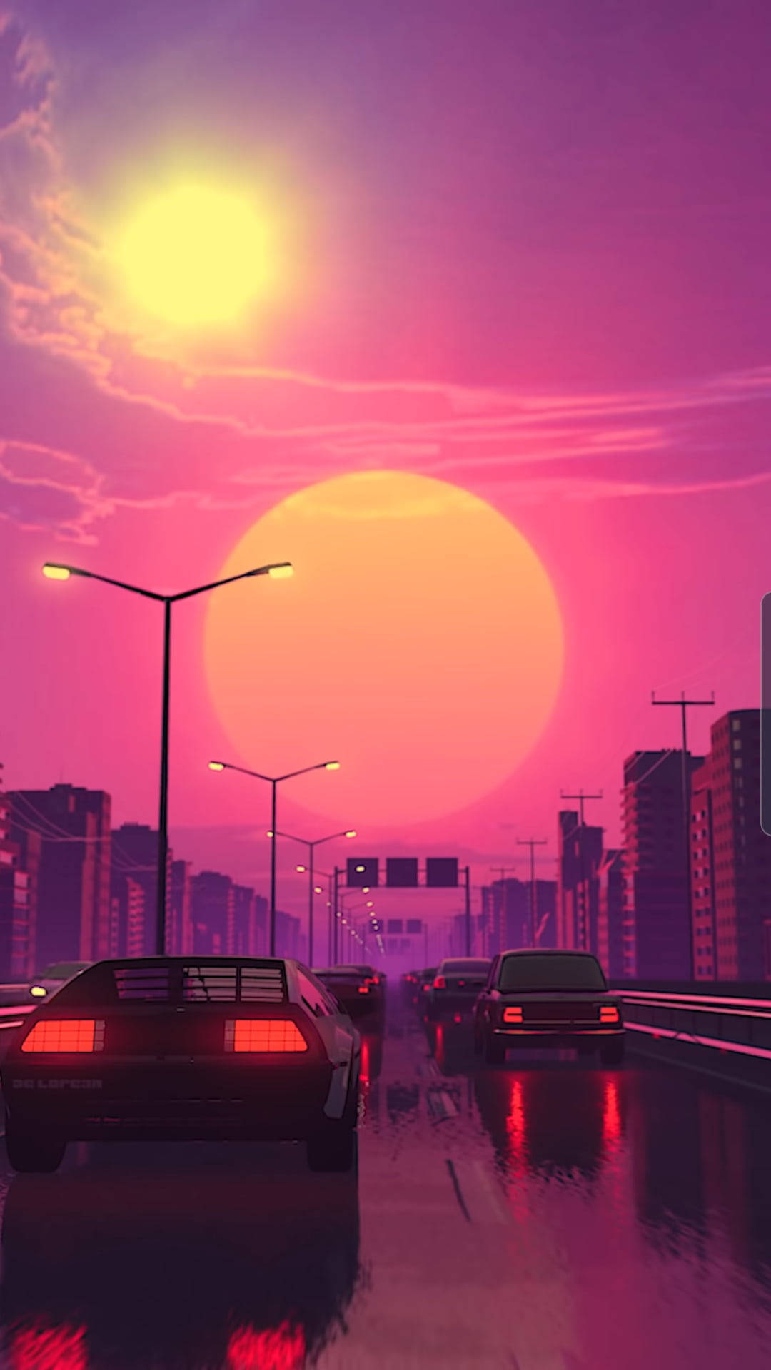 日落 桌布 壁紙 — 汽車在濕滑的高速公路上滑行，在超現實的粉紅和黃色日落之下，發光的街燈映照在雨水浸濕的路面上。