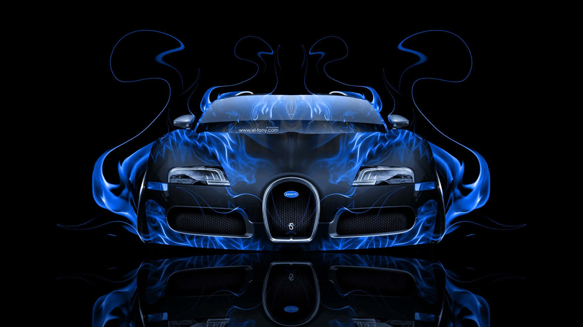 黑色Bugatti汽車，在反光表面上帶有藍色火焰設計。