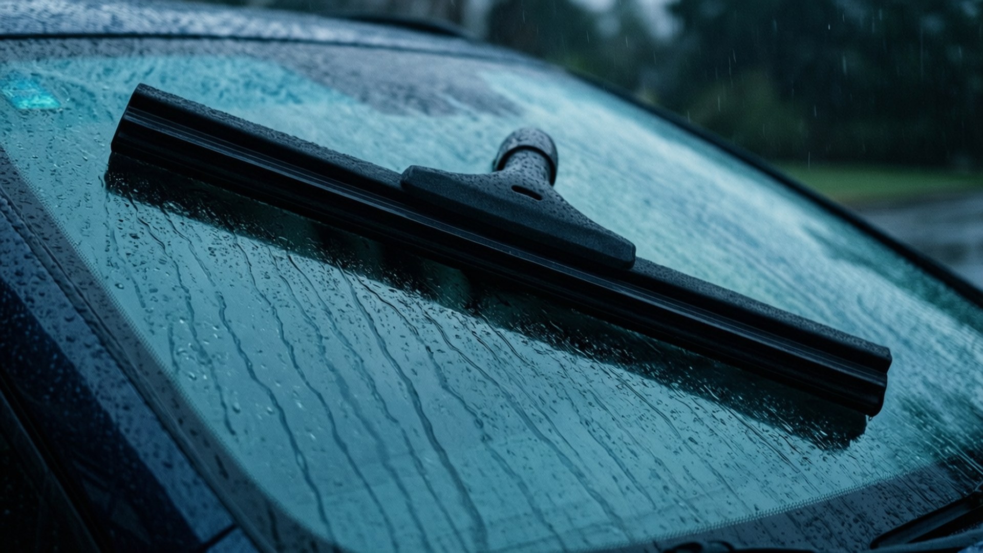 下雨時黑色雨刮片在潮濕的汽車玻璃上。