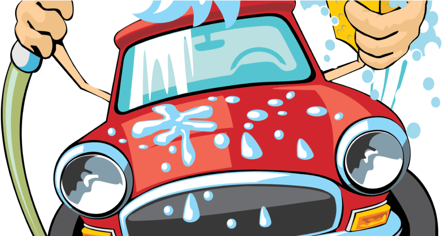 汽車洗車泡沫與水管 壁紙 — 一幅卡通插圖，描繪一輛紅色汽車正被兩隻手用肥皂泡和水流清洗。