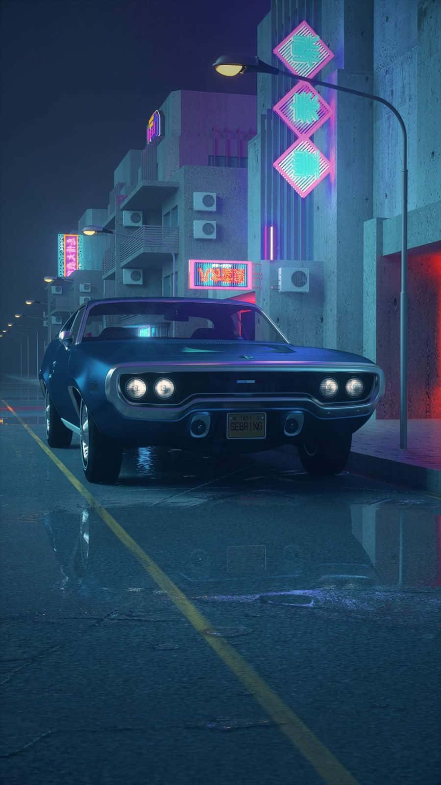一輛經典汽車在夜間停放在潮濕的霓虹燈城市街道上。