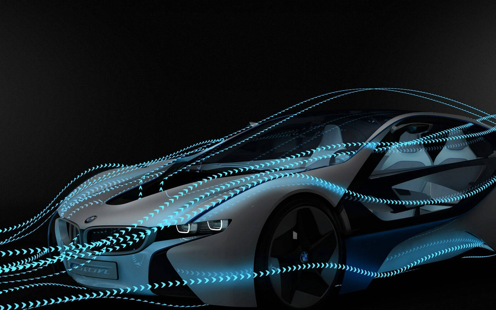 未來感BMW i8，車身周圍有發光的藍色光跡。