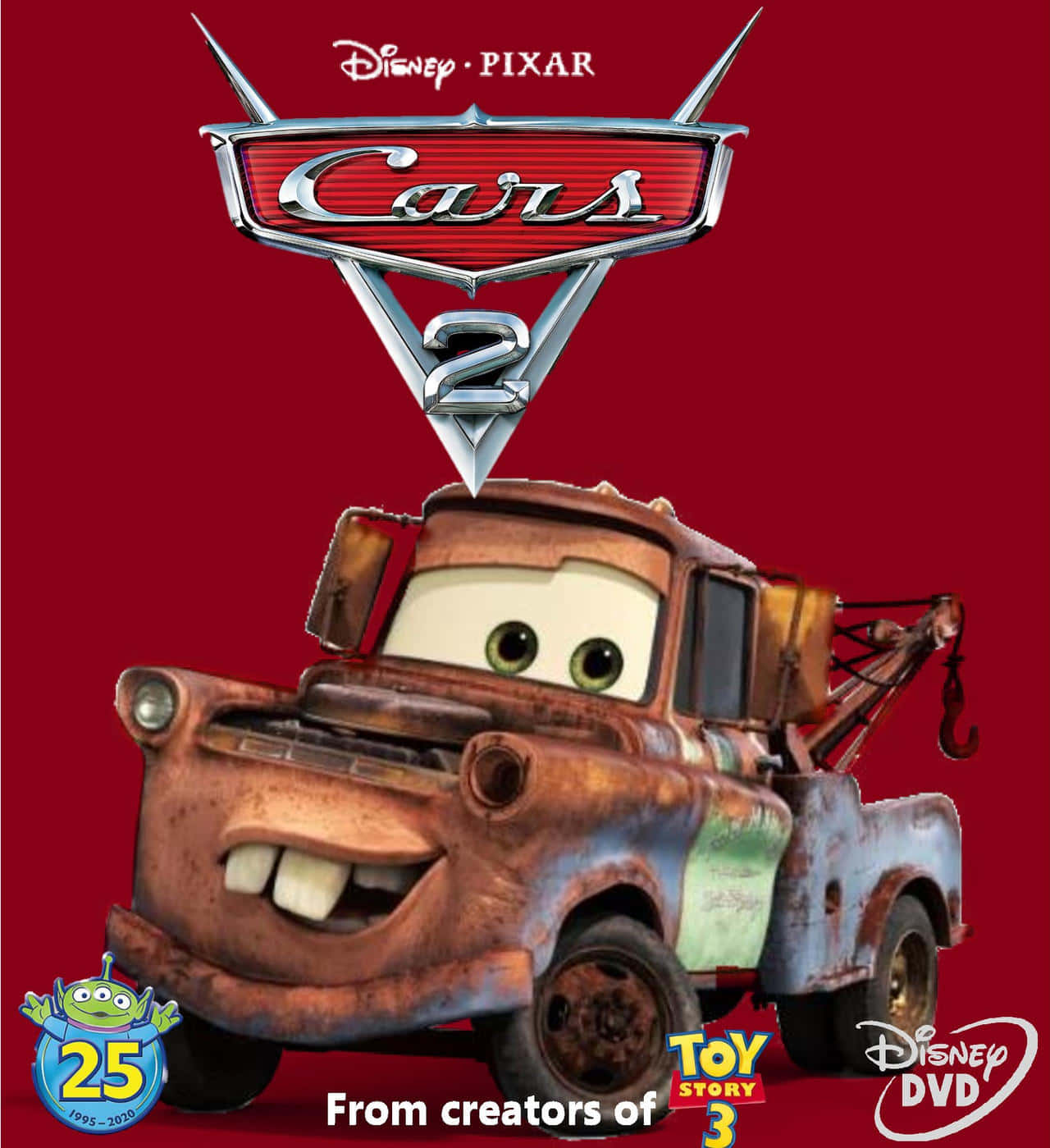 來自Cars 2的生鏽動畫拖車，在紅色背景上微笑，綠色眼睛。