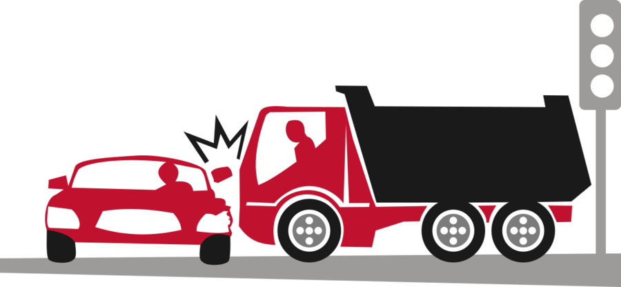 汽車與卡車碰撞插圖 壁紙 — 一輛紅色自卸車在交通燈處與一輛紅色汽車相撞的簡約插圖。