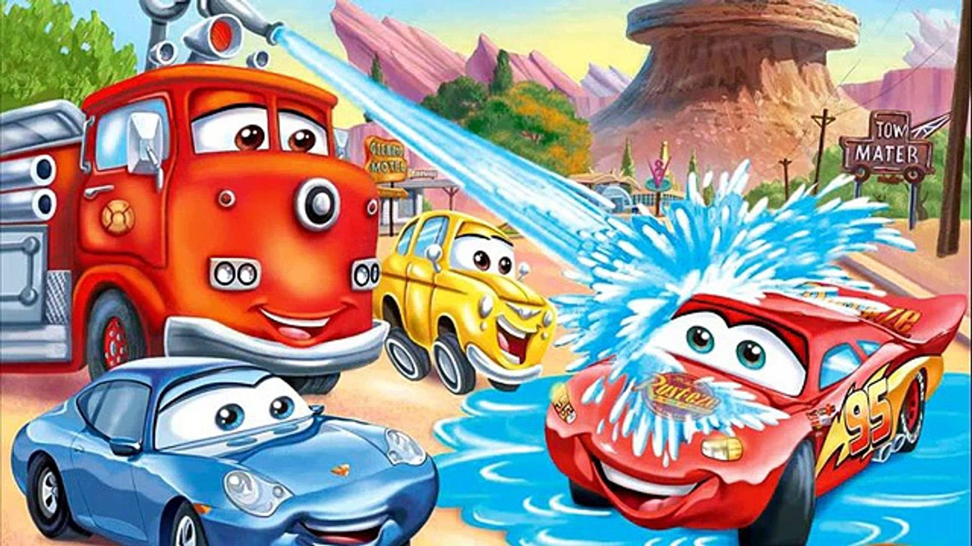沙漠洗車場中動畫汽車，消防車正在噴水。