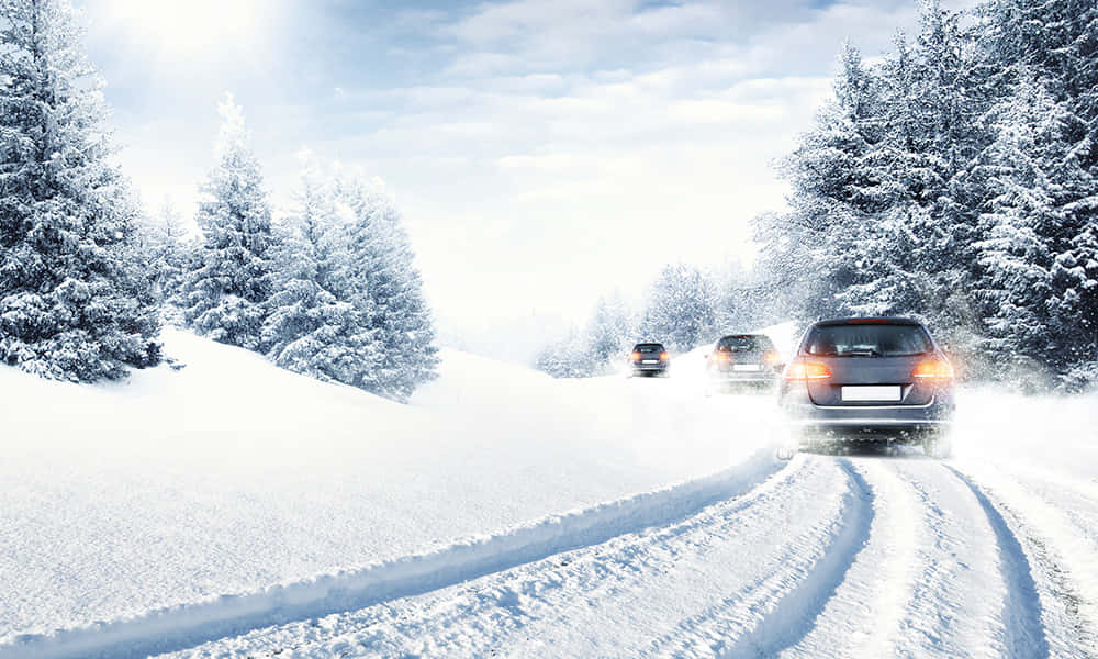 Winter Driving 桌布 壁紙 — 汽車駛過一條積雪的森林道路，兩旁是覆蓋白雪的樹木和明亮的陽光。