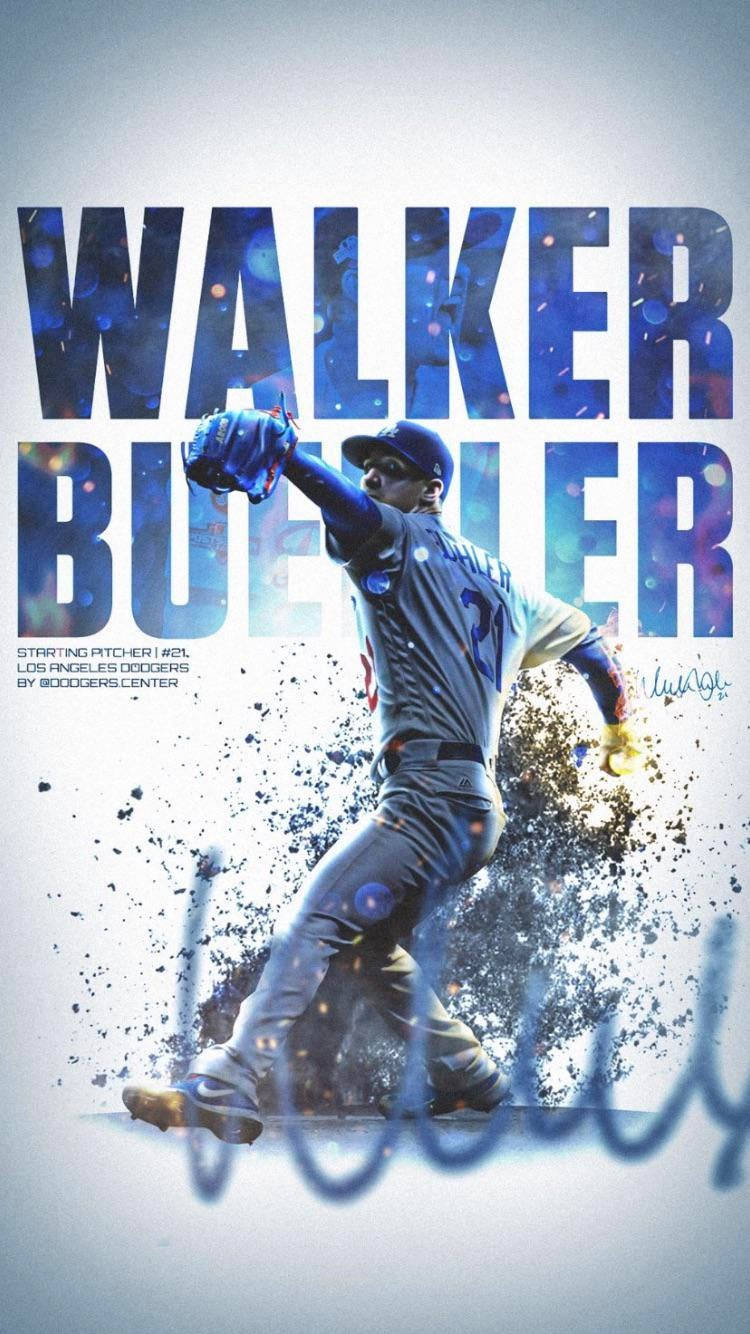 沃克·布勒爾藍色藝術風 壁紙 — 棒球投手Walker Buehler正在投球，身後有宇宙藍色文字和粒子效果。