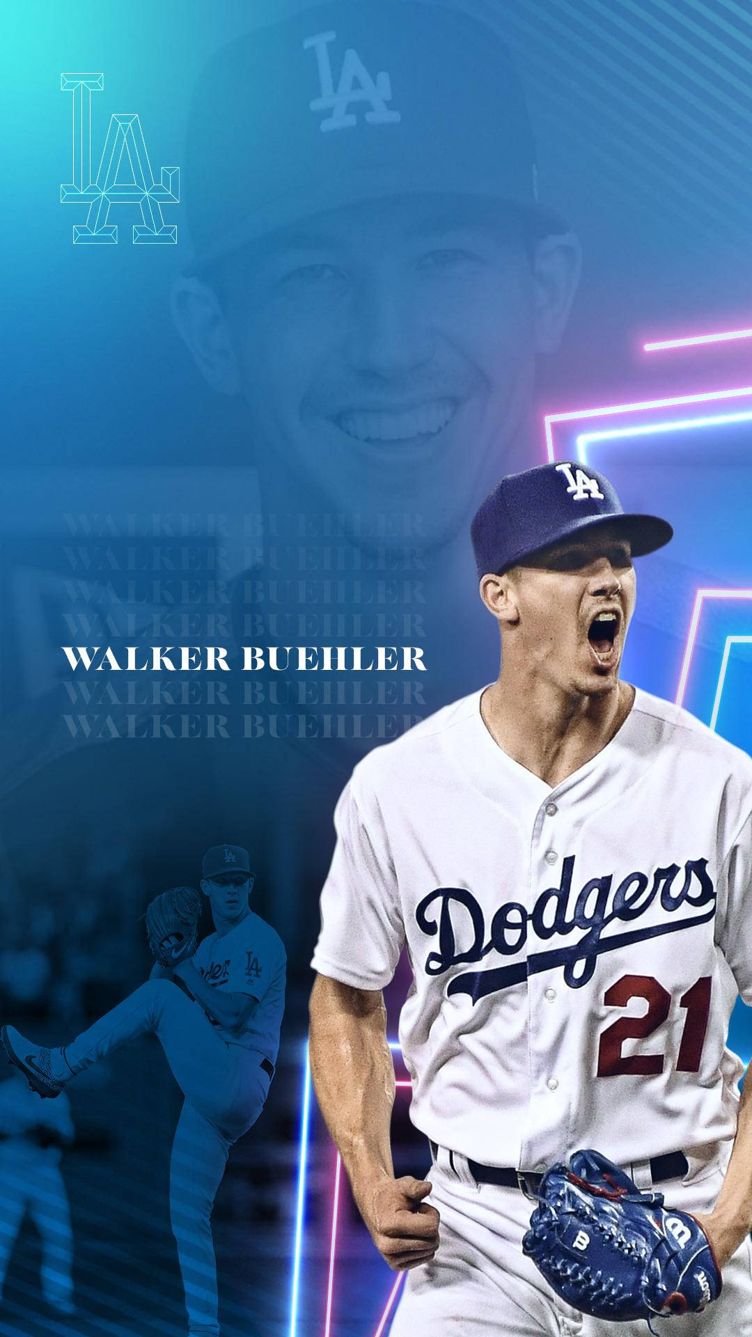 沃克·布勒霓虹粉絲藝術 壁紙 — 身穿道奇隊球衣的棒球選手Walker Buehler在充滿活力的霓虹藍和粉紅色數位背景前發出勝利的咆哮。