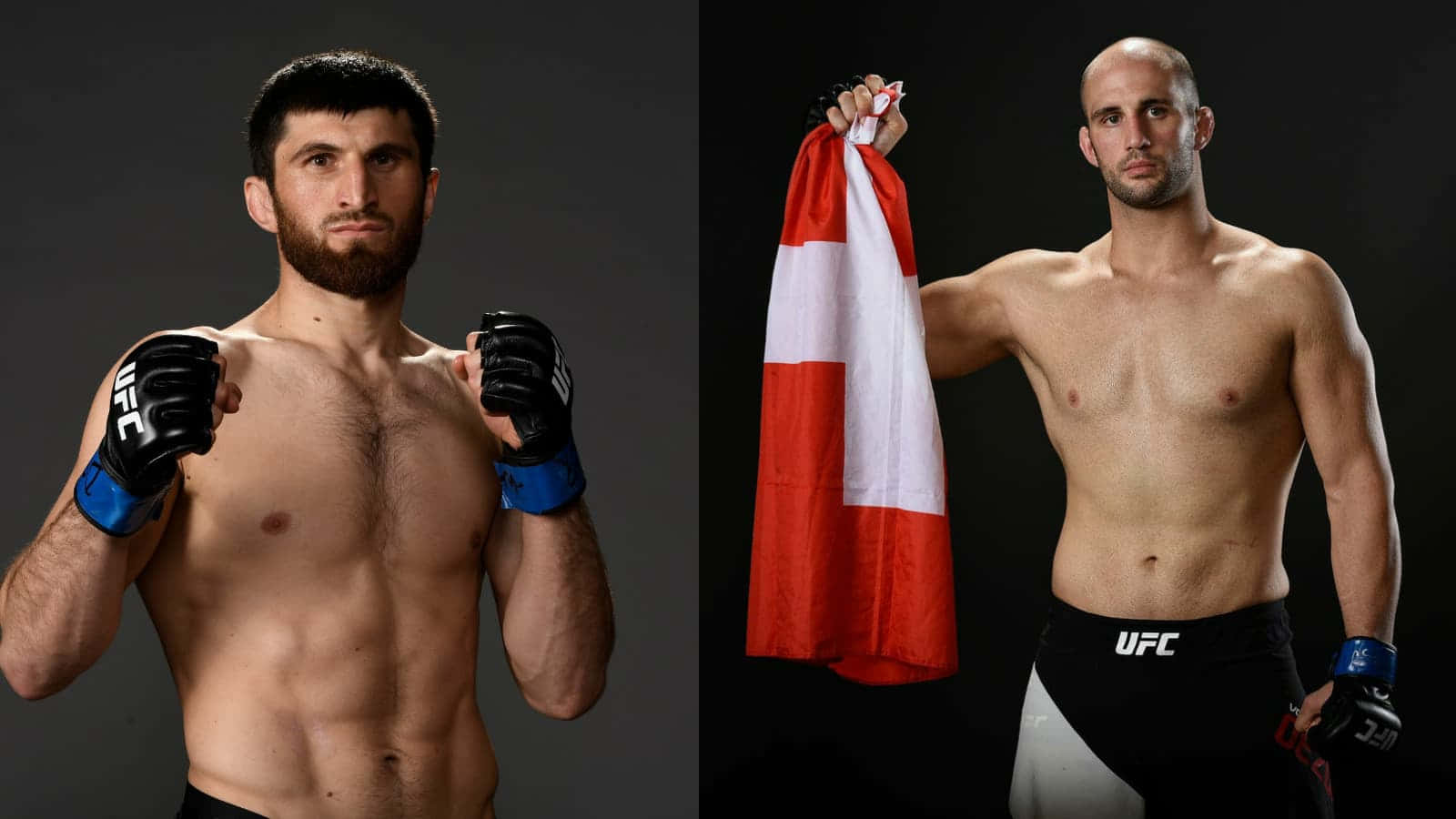 兩位赤裸上身的男性UFC拳手擺姿勢，一位擺出戰鬥姿勢，另一位手持紅白旗幟。