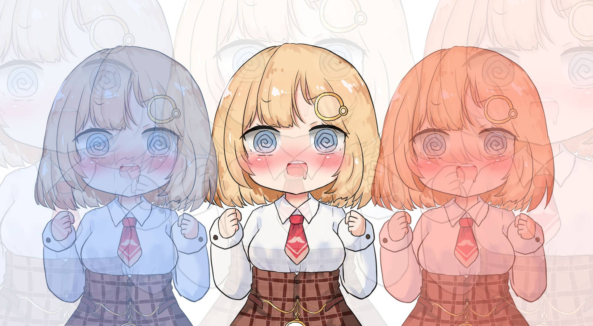 三個穿著校服、螺旋眼、臉頰泛紅的動畫女孩。