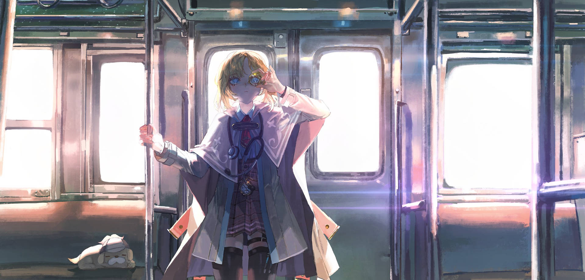 動漫女孩穿著校服在火車上，陽光從窗戶射入，她正在調整眼鏡。