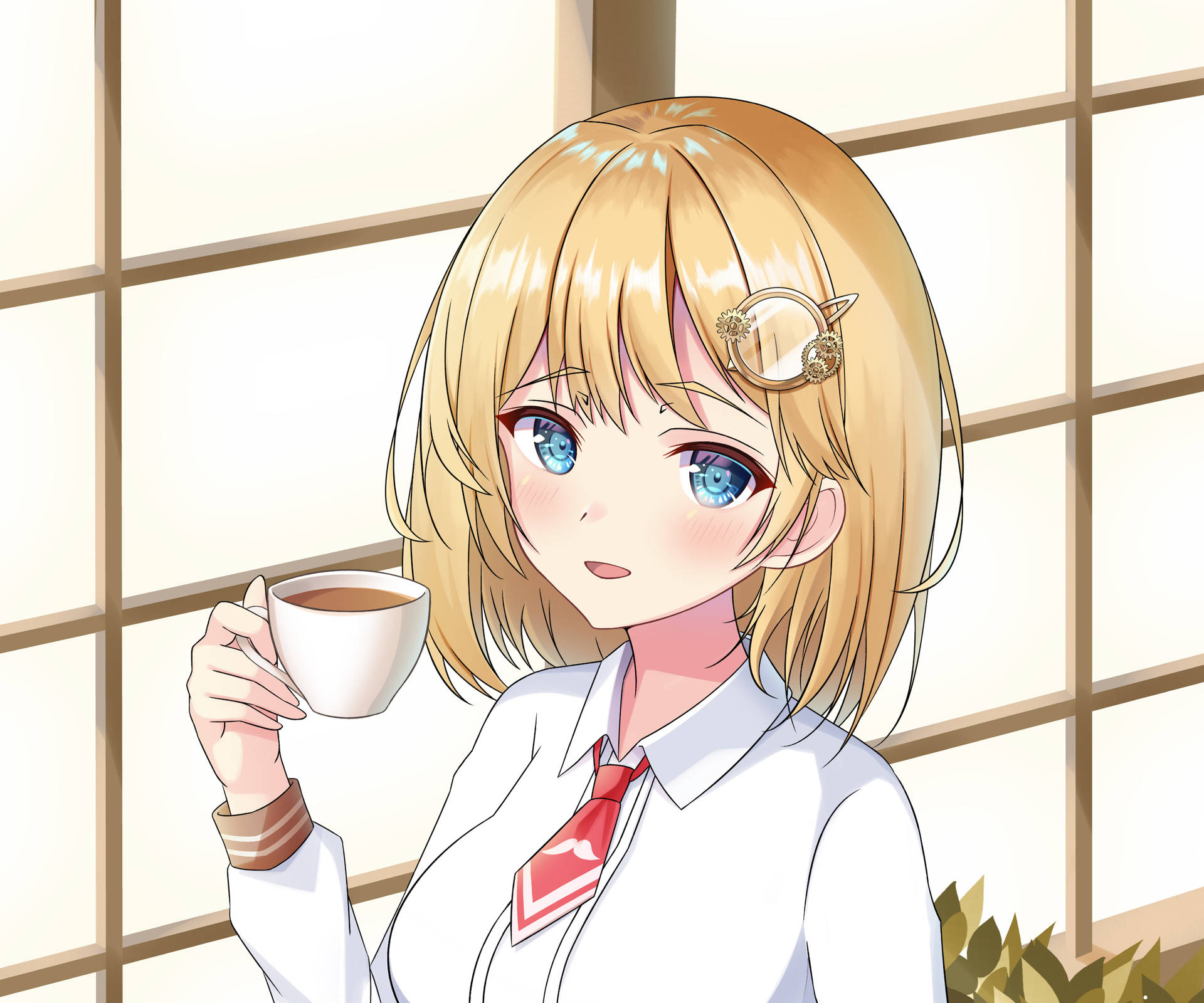 穿著校服的動畫女孩在窗旁拿著一杯茶。