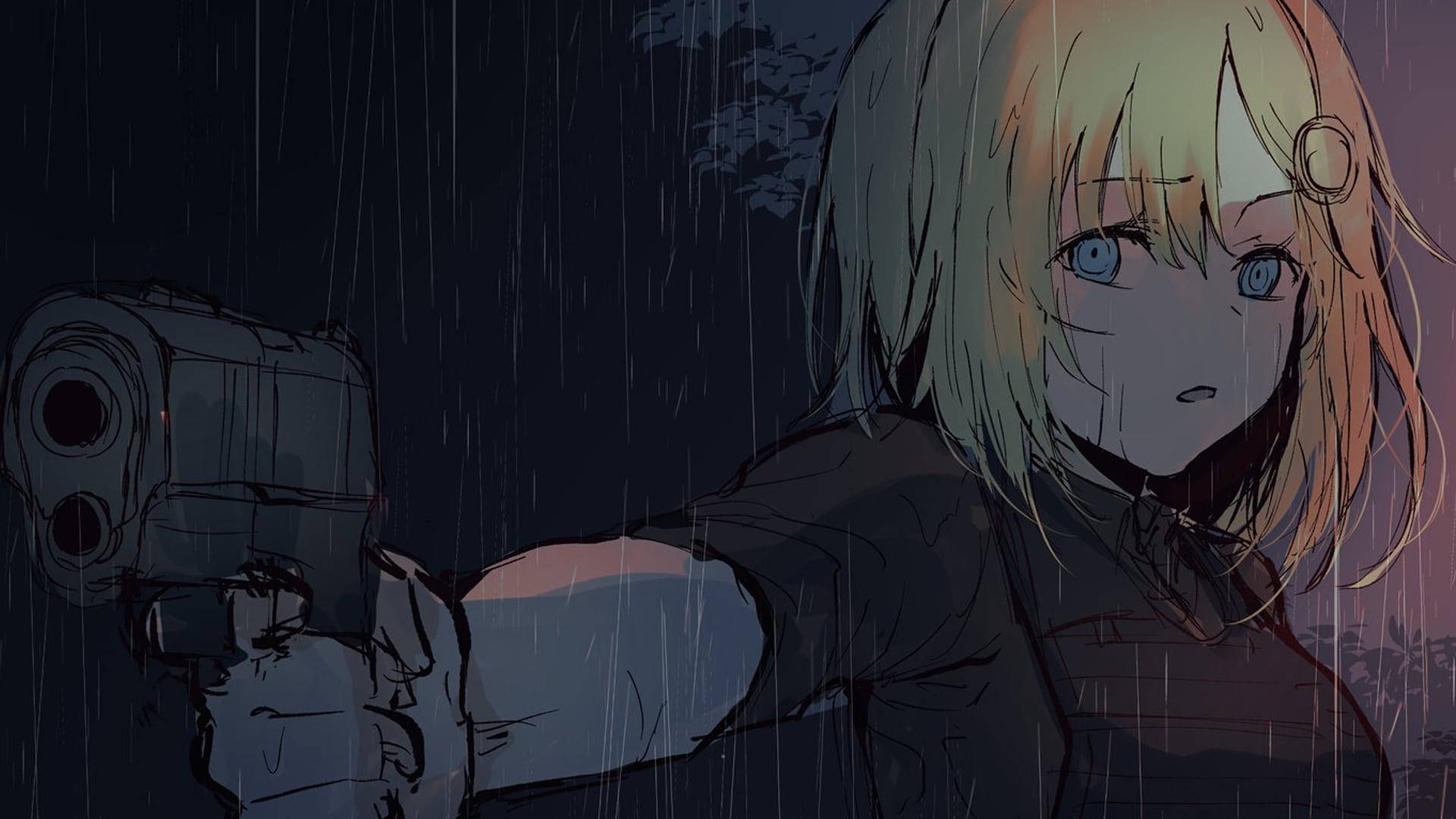 金髮動漫女孩在夜雨中手持手槍。