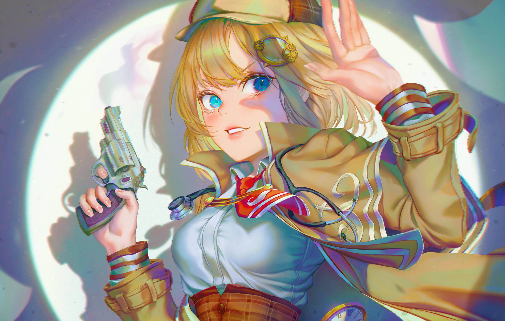 金髮藍眼的動漫女孩，在發光的月亮附近手持左輪手槍並揮手。
