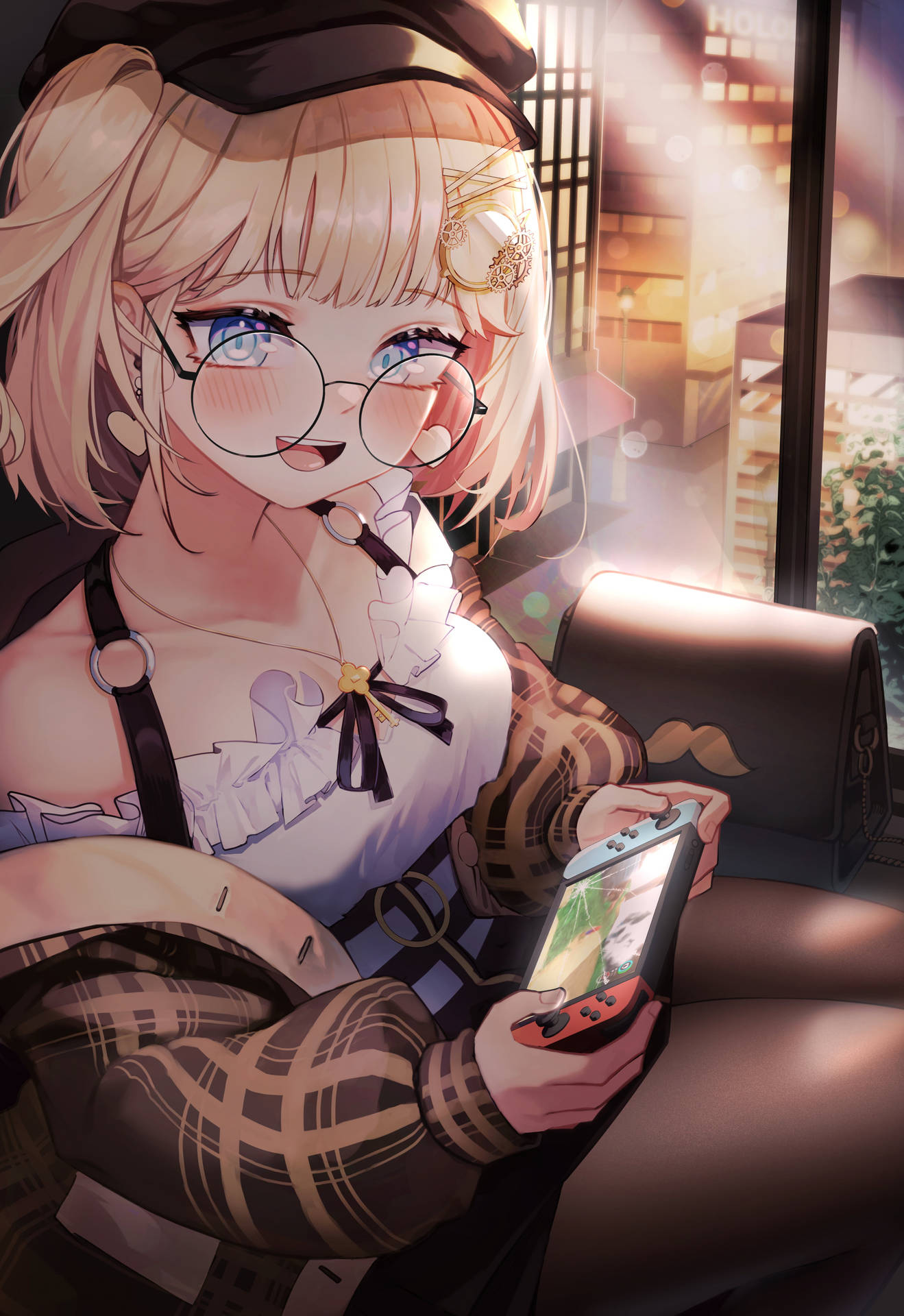 戴眼鏡的動畫女孩在日落時分在室內玩手提遊戲機。