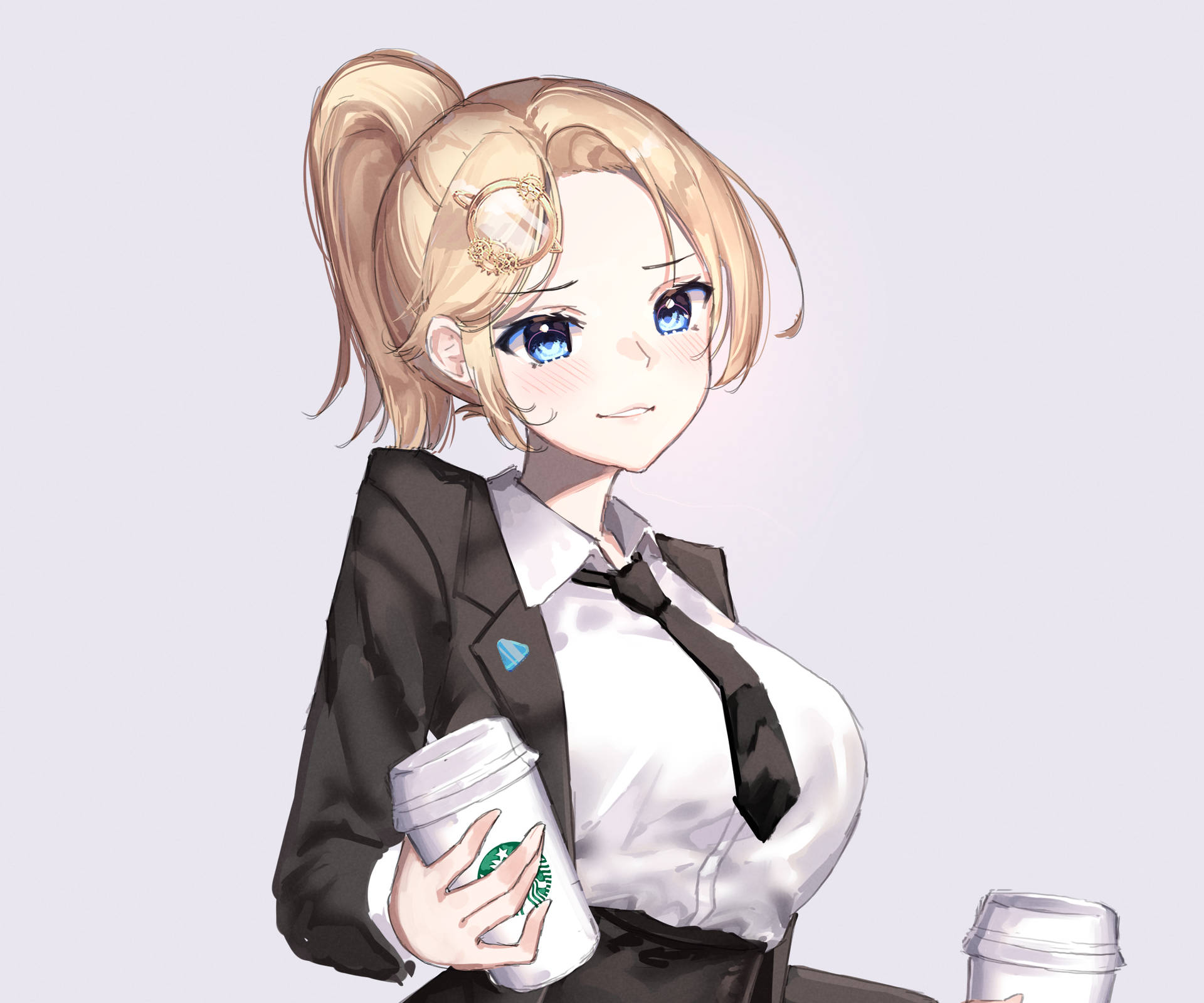 穿著商務服裝的動漫女孩，面帶溫柔微笑，拿著星巴克咖啡杯。