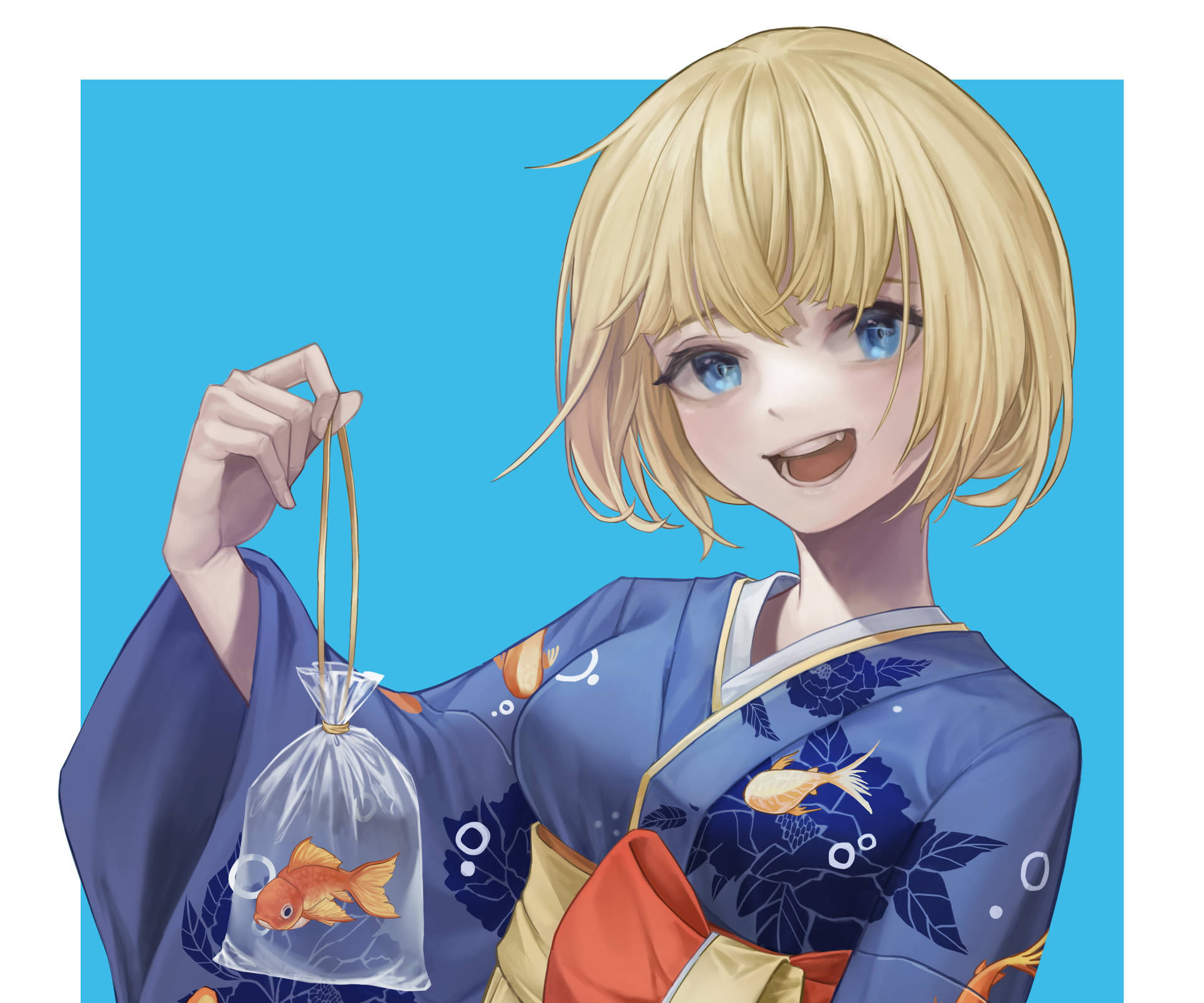 穿著藍色和服的動漫女孩拿著一個裝有金魚的袋子。
