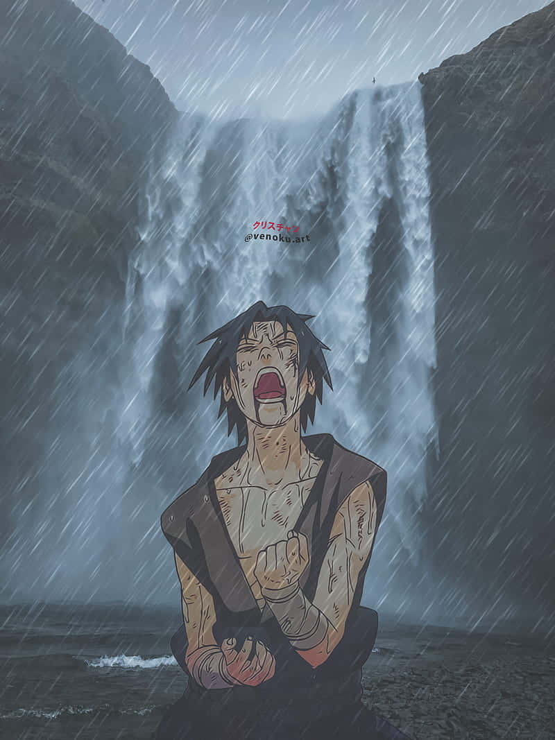 動漫角色在瀑布前雨中大喊。