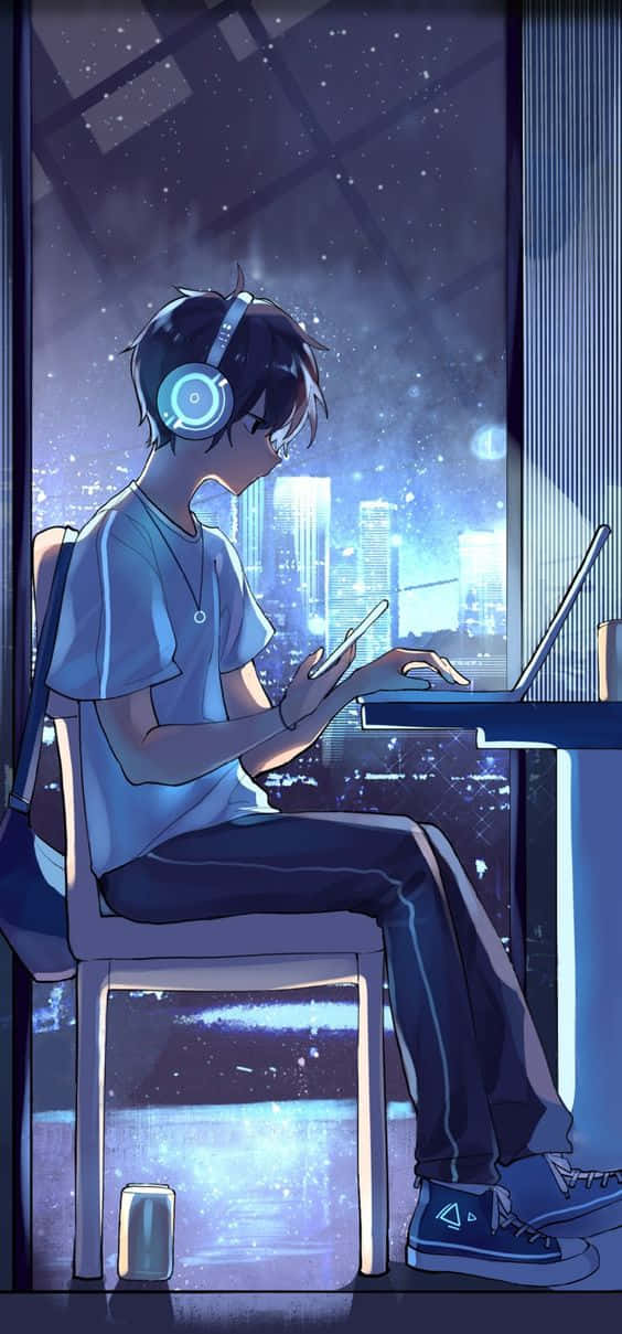 沉思中的動漫少年坐在電腦前 壁紙 — 一個戴著耳機的年輕動漫男孩晚上坐在窗邊使用手提電腦，外面城市燈光和星星閃爍。