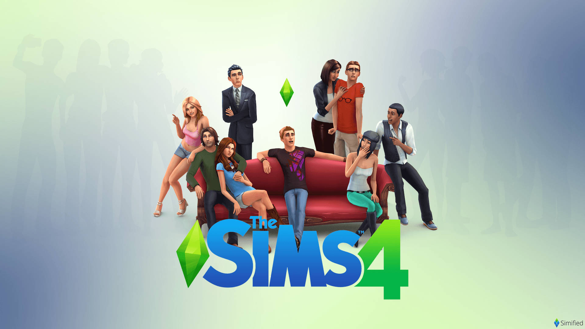 Sims 4 遊戲角色在紅色沙發上擺姿勢，下方有標誌。