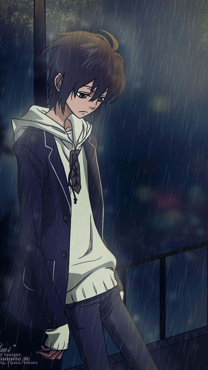 沉思中的神秘動漫男孩 壁紙 — 一個穿著連帽衫的憂鬱動漫男孩獨自站在雨夜的陽台上，雨水劃過他身後黑暗的城市燈光。
