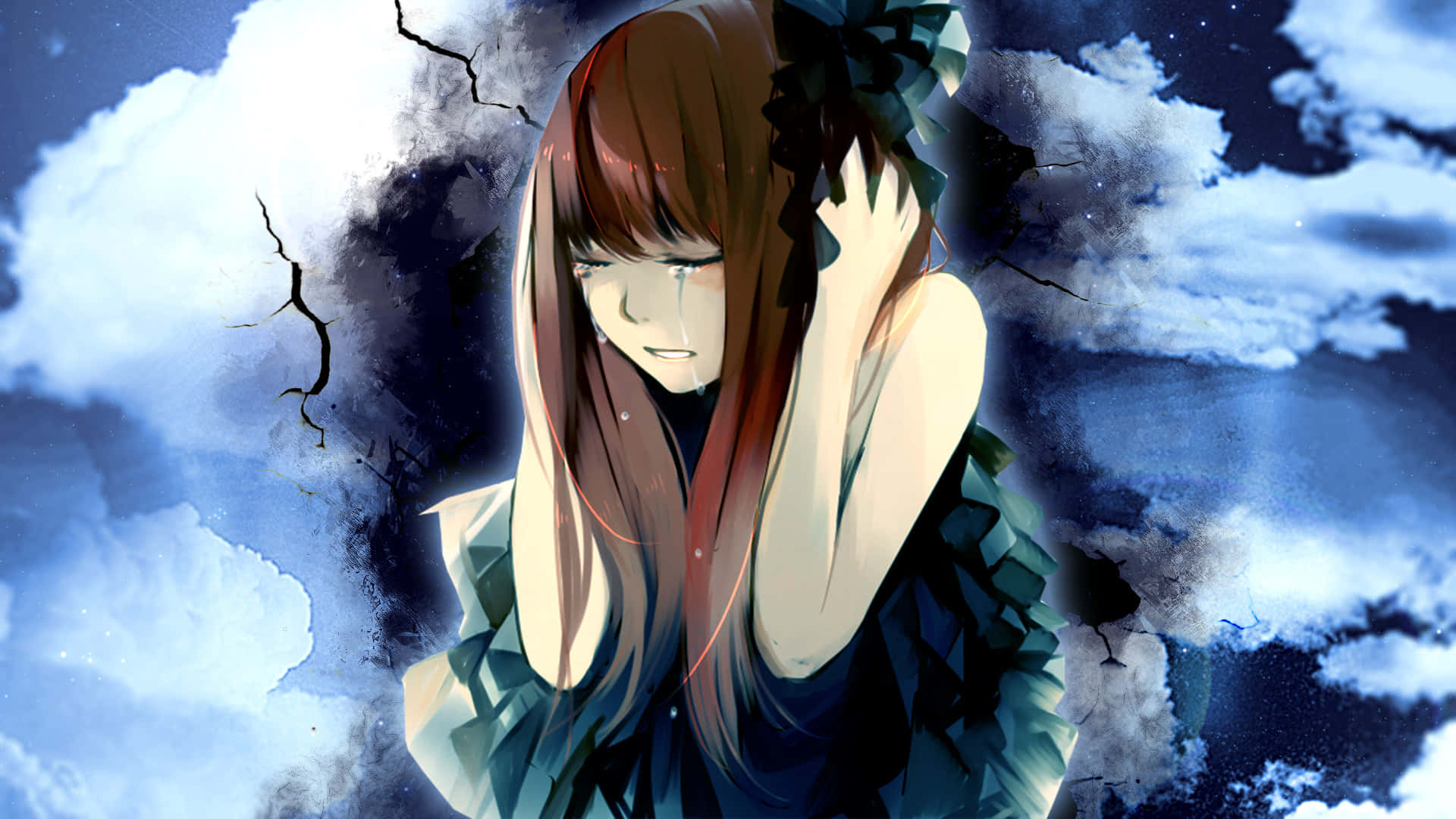 沉思中的美麗哀傷動漫少女 壁紙 — 一個悲傷的動漫女孩，長長的棕色頭髮，在風暴天空下，伴隨著噼啪作響的雲朵哭泣。