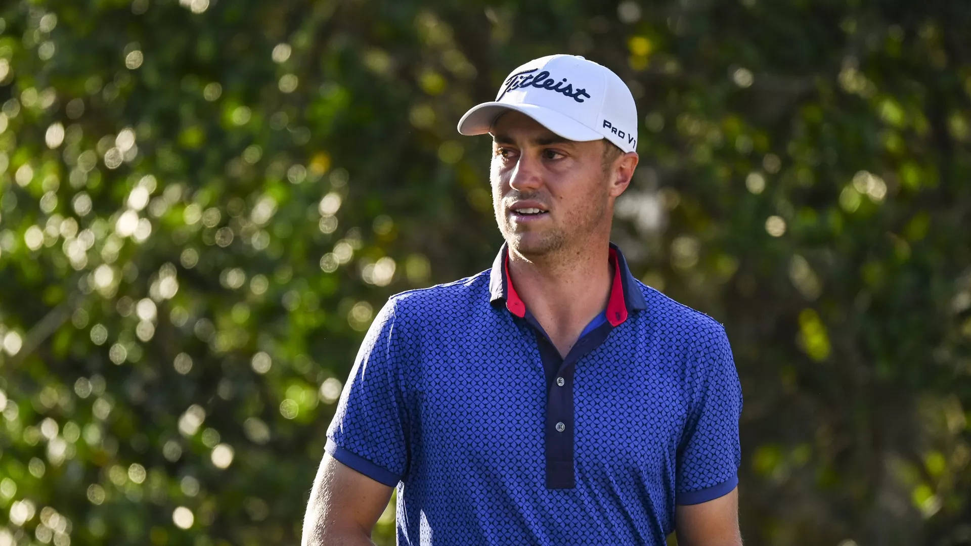沉思中的職業高爾夫球手 Justin Thomas 壁紙 — 一位專注的高爾夫球手，身穿藍色圖案Polo衫和白色帽子，站在陽光普照的綠色樹葉背景前。