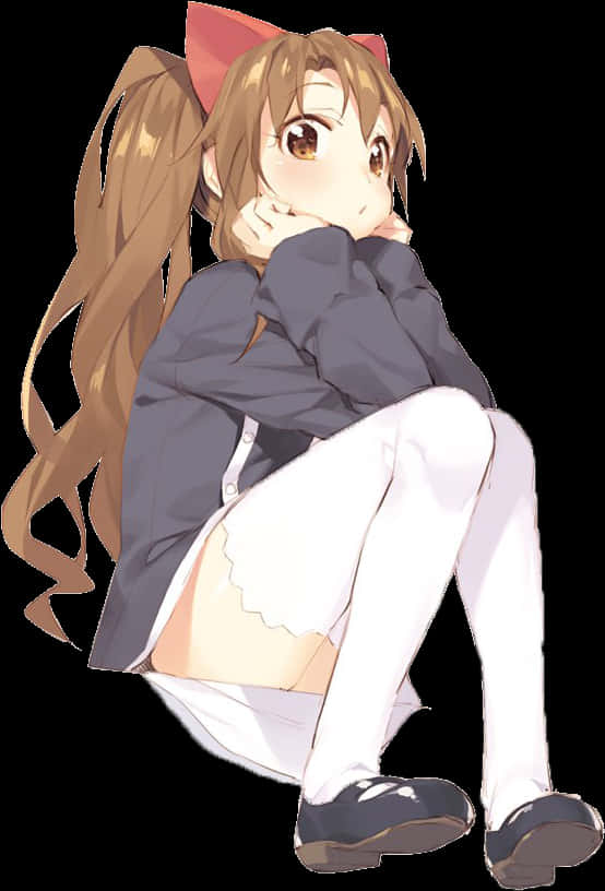 沉思坐姿動漫少女 壁紙 — 動漫女孩，貓耳，長長嘅棕色頭髮，蜷縮喺連帽衫入面，喺黑色背景前若有所思。
