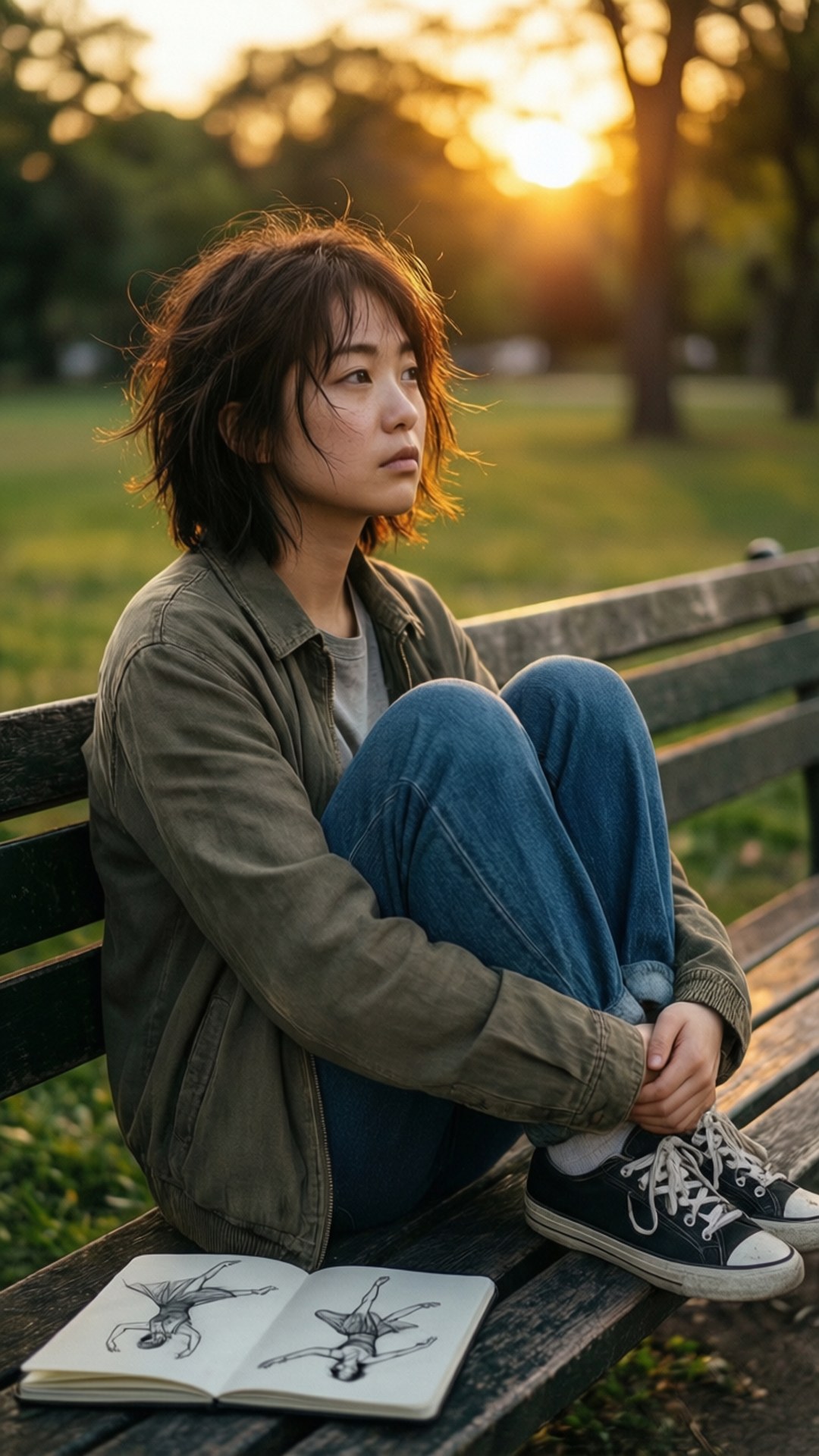 年輕女性在日落時分坐在公園長椅上，帶著素描本