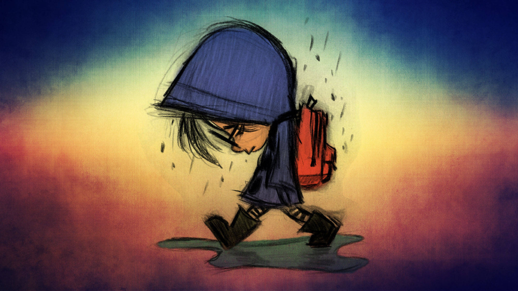 沉思少年——一張充滿情感的單色素描 壁紙 — 一個穿著藍色連帽雨衣的孩子在充滿活力的暮色天空下，雨滴落下時走過水坑。