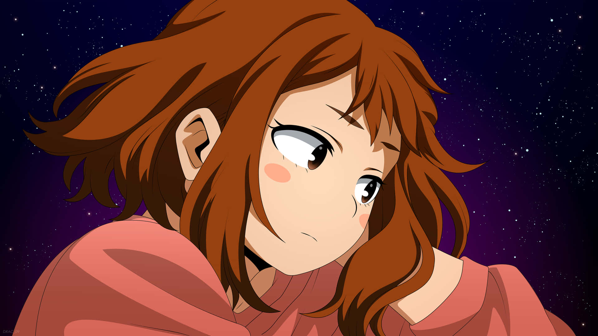棕色頭髮、玫瑰色臉頰的動漫女孩仰望夜空中的星星