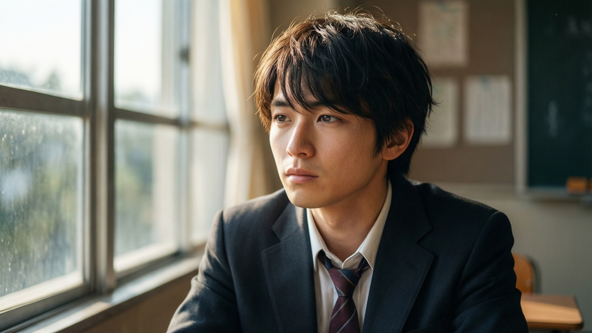 身穿校服的年輕男子坐在課室窗邊若有所思地望著外面