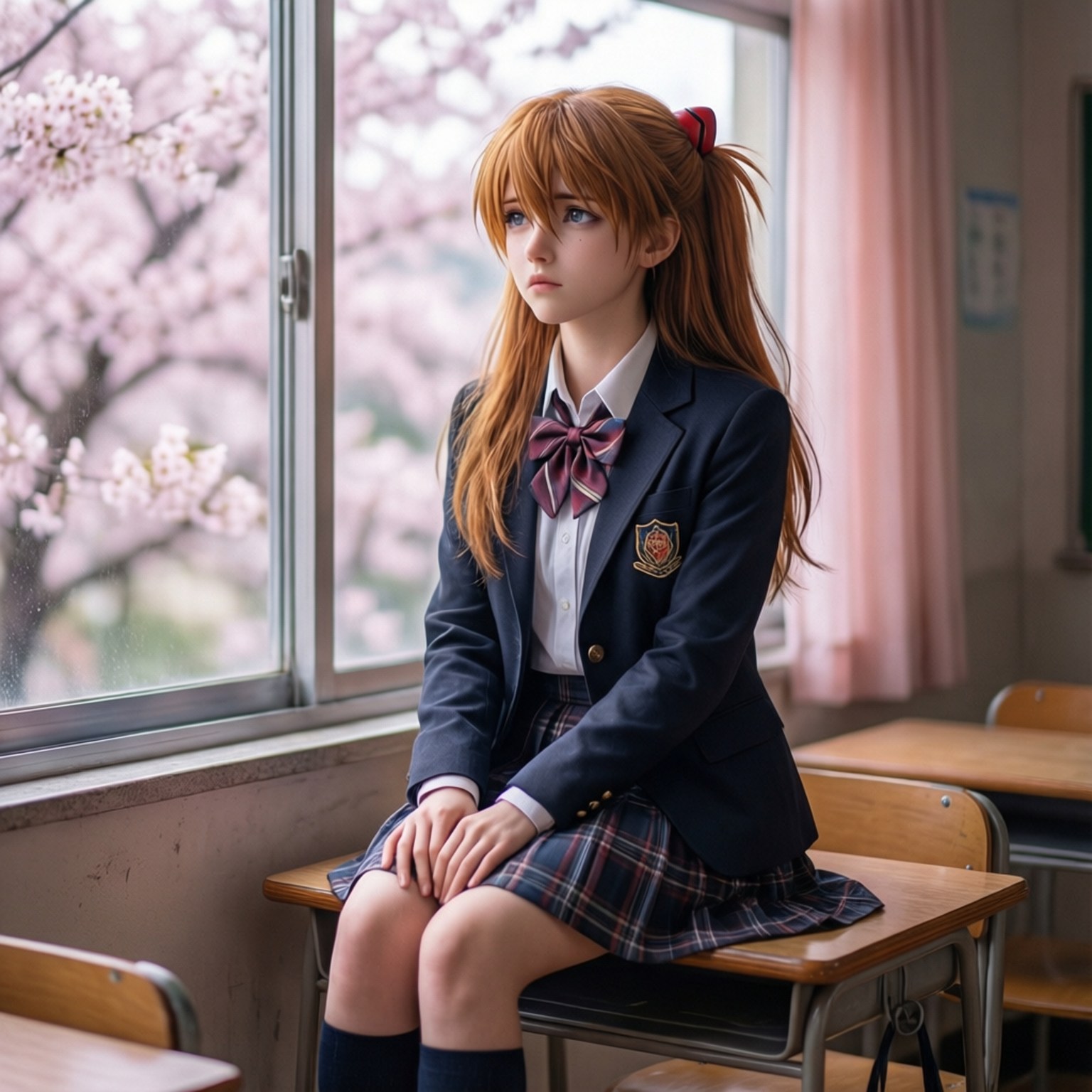 沉思的校服少女明日香 壁紙 — 一個穿著校服的年輕動漫女孩坐在窗邊的木桌上沉思，窗外盛開著櫻花。