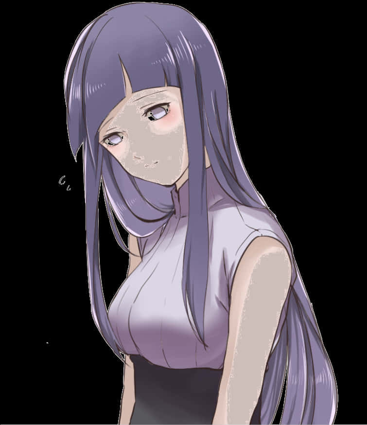 沉思的紫色頭髮動畫角色 壁紙 — 動畫女孩，長長紫色頭髮，溫柔眼神，穿著無袖上衣，黑色背景。