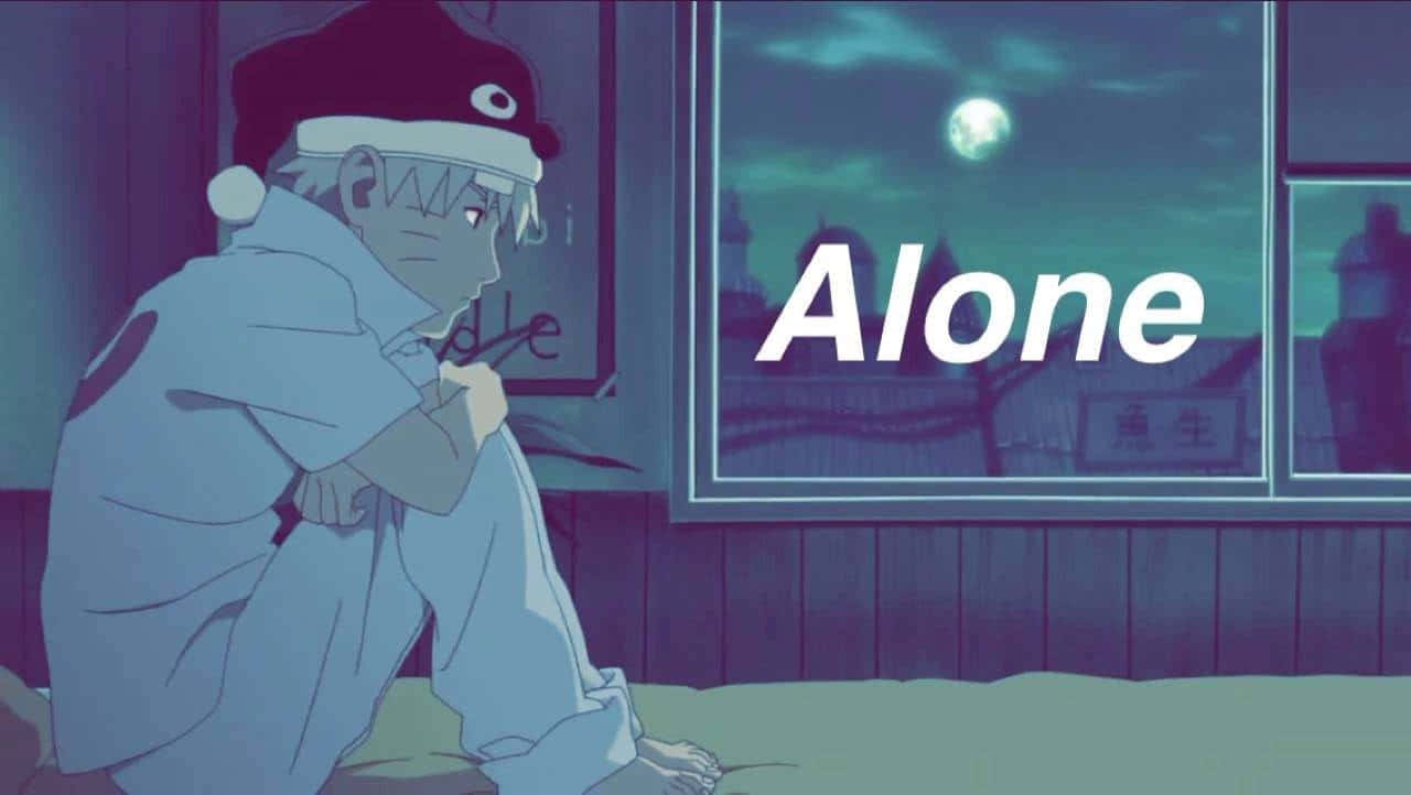 戴著聖誕帽的動漫男孩晚上獨自坐在窗邊，望著月亮。