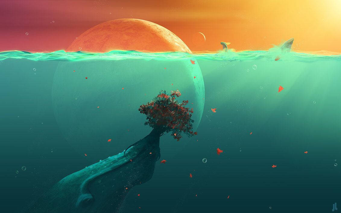 一條鯨魚在水下背著一棵開滿紅花的樹，下方是正在落下的橙色太陽。
