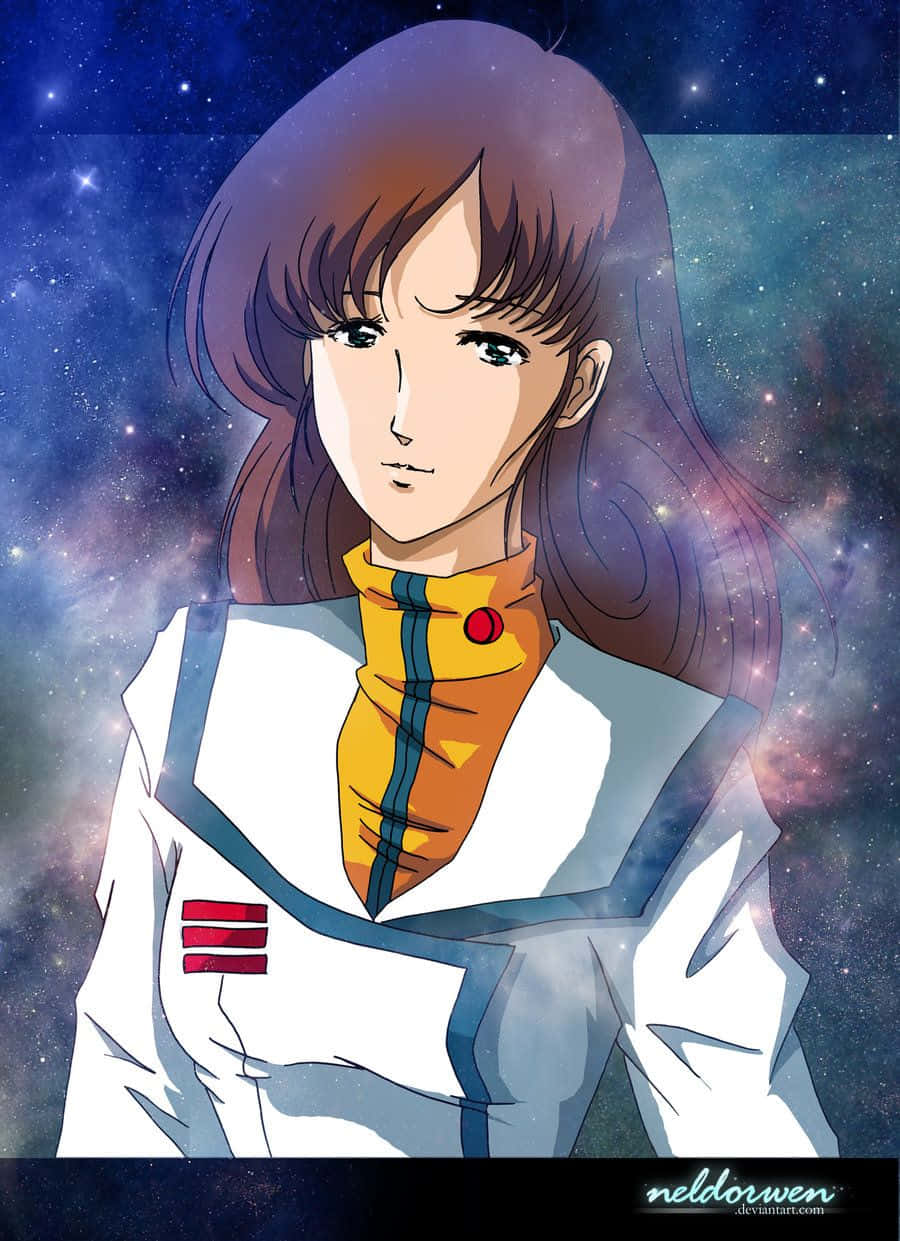 沉浸Macross傳奇的刺激冒險 壁紙 — 一位身穿白色和橙色太空服的寧靜動漫女性，在充滿活力的星雲背景下凝視前方。