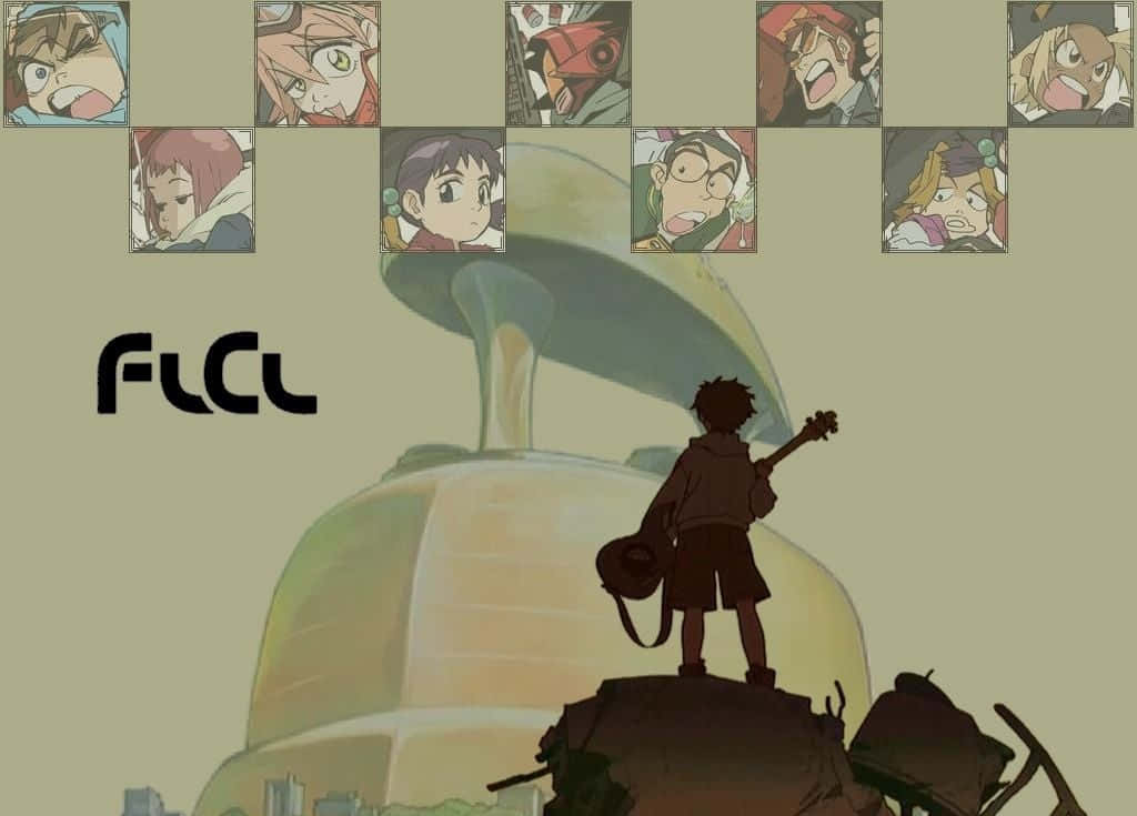 動漫男孩拿著結他站在巨型機械人上，周圍漂浮著角色面孔。