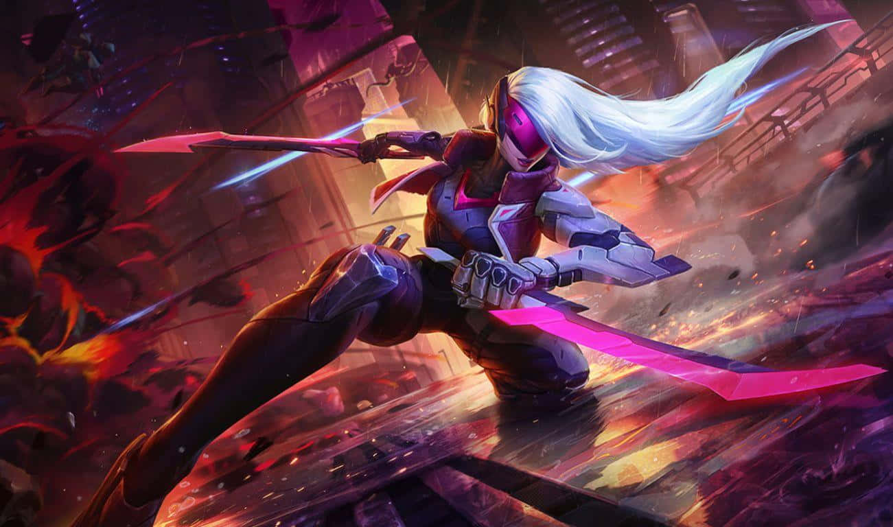 沉浸在《Mobile Legends》的世界中 壁紙 — 一位白髮粉紅刀刃的未來戰士，以動態動漫風格在熾熱的城市戰場上揮砍。